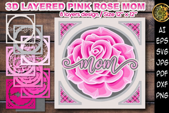 3D MOM Pink Rose SVG Clipart Cut Files for Graphics and Crafts