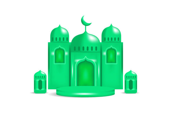 3d Render Mosque and Lantern Design Graphics and Illustrations